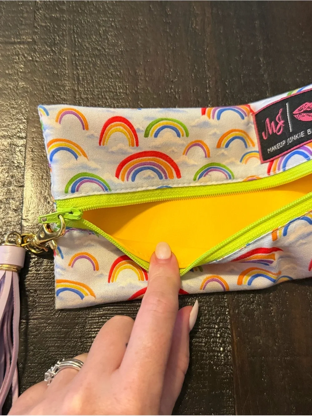 Makeup Junkie - Mini Kids Rainbow Cosmetic Pouch in White with Lime Zipper